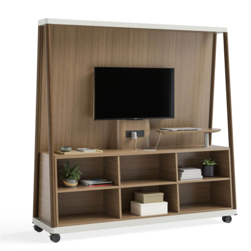 All-in-one rolling TV stand with shelving and laptop table