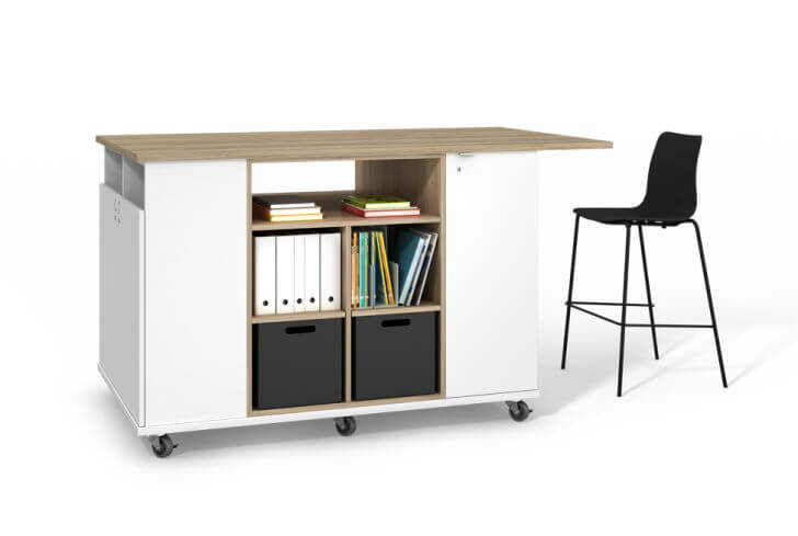Rolling island counter/table with shelving and stool-style chair