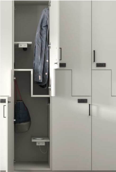 Lockers with open one showing hanging bag and jacket
