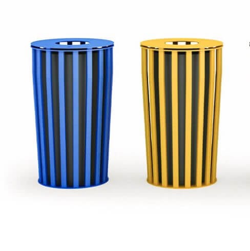 Blue and yellow trash/litter bins